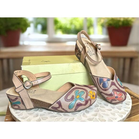 Spring Step L’Artiste Leoluv Mary Jane Sandals 38 US 7.5-8 Beige Multi Handpaint - Picture 9 of 16